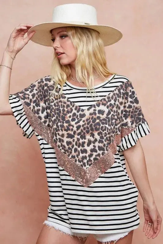 BiBi Stripe Rayon Span Knit Color Block Top With Leopard - Love Salve
